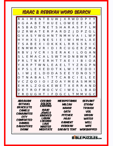 Printable Bible Word Search Activity Worksheet PDF - Isaac & Rebekah