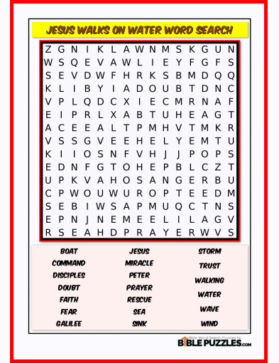 Printable Bible Word Search Activity Worksheet PDF- Jesus Walks on Water